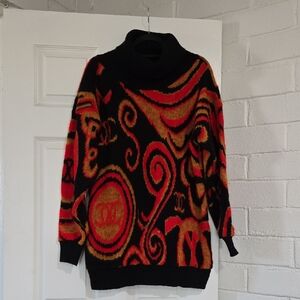 Colon women's vintage black red, and marigold abstract graphic cowl Neck Sweater